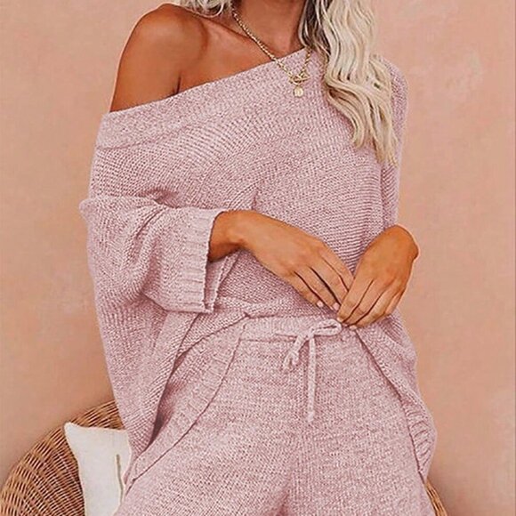 Pink Casual Women's Pure Color Asymmetric Neck Drop Sweater And Knitted Shorts - Picture 3 of 4